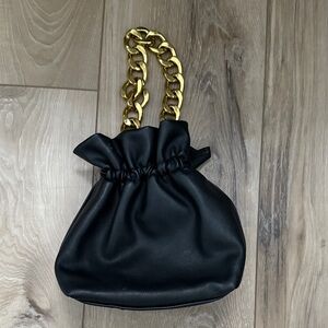 Free People Elegant Black Mini Leather Bag with Gold Chain
